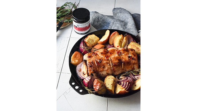 Image of Hot Pepper Bacon Jam-Glazed Pork Loin with Apples and Onions