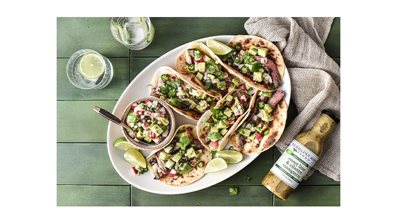 Image of Marinated Skirt Steak Tacos with Radish & Avocado Salsa