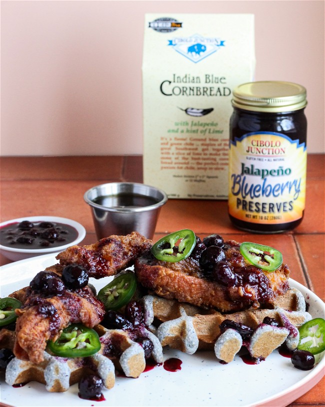 Image of Chicken and Blue Corn Waffles with Jalapeno Blueberry Sauce