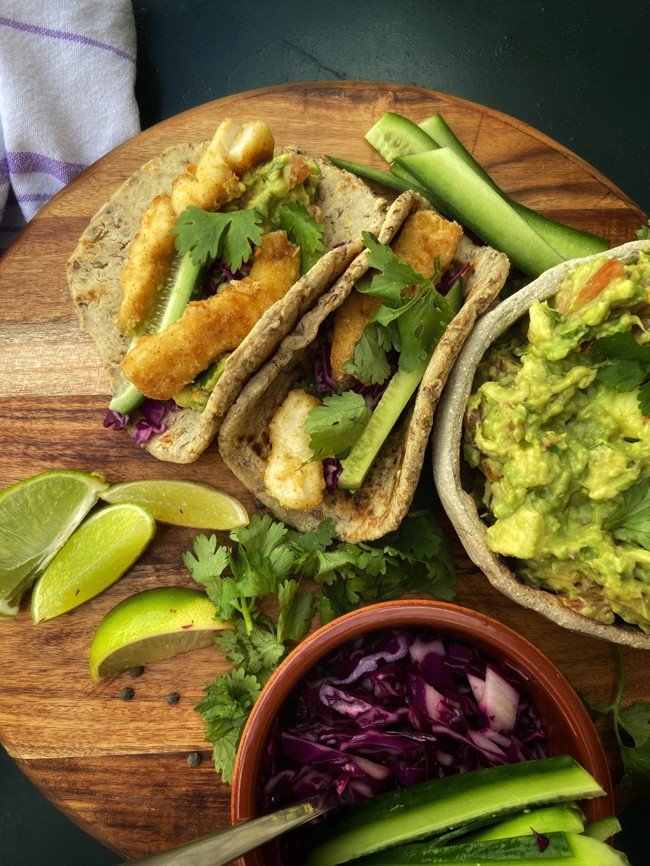 Image of fish tacos with lentil tortillas