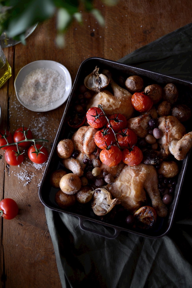 Image of roast chicken with olives, tomatoes & potatoes