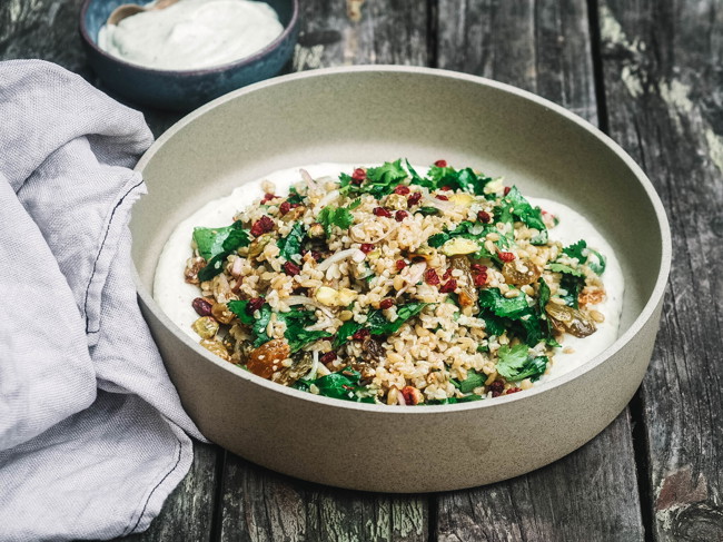 Image of freekeh salad with smoky eggplant yoghurt