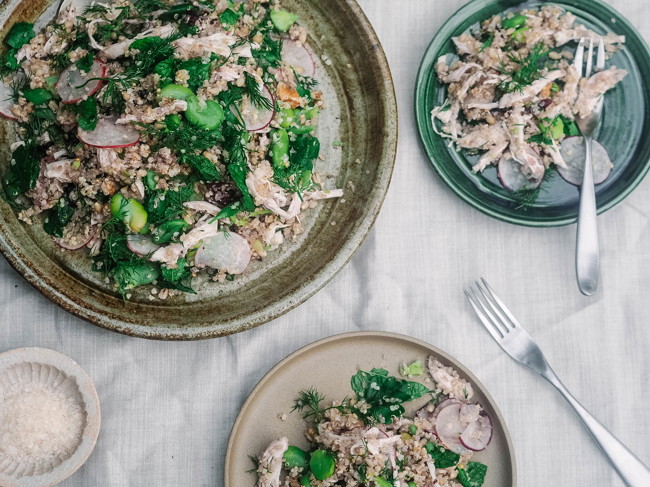 Image of mixed grain, poached chicken & broad bean salad