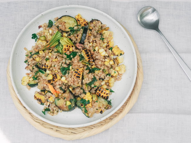 Image of chargrilled corn, zucchini & farro salad with yuzu miso dressing