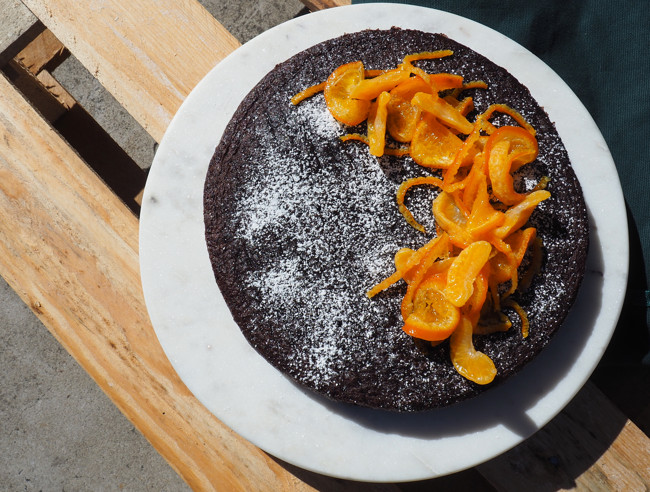 Image of mandarin olive oil & chocolate cake with candied mandarin