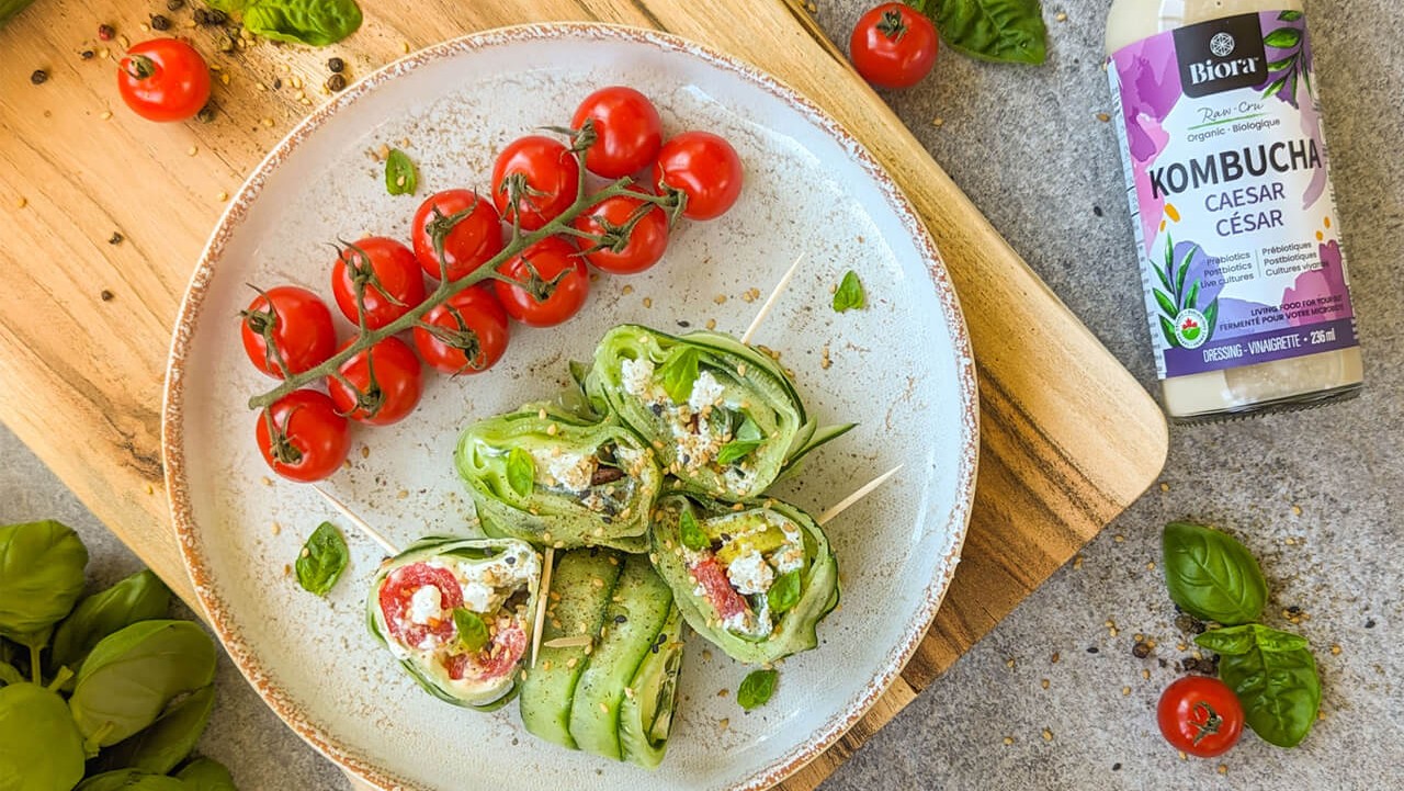 Image of Avocado and Tofu Cucumber Rolls with Kombucha Caesar Dressing Recipe