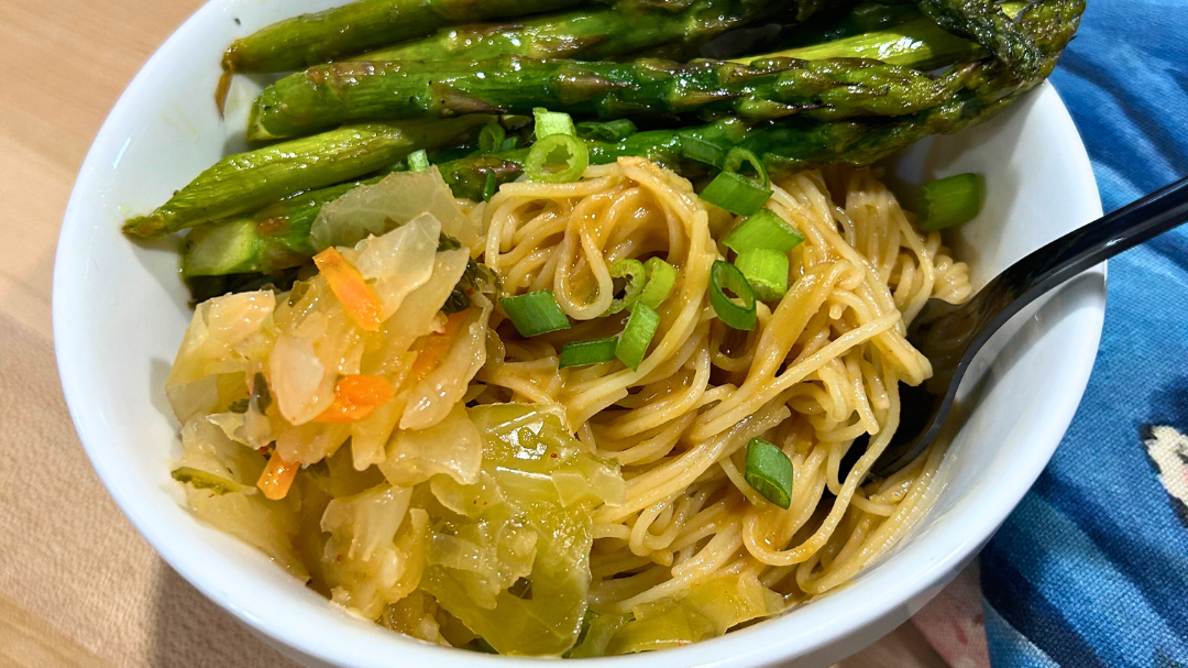 Image of Asparagus Kimchi Rice Noodles with Creamy Ginger Lime Sesame Sauce