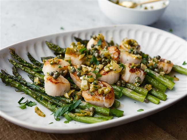 Image of Seared Scallops with Cerignola Gremolata and Asparagus Recipe