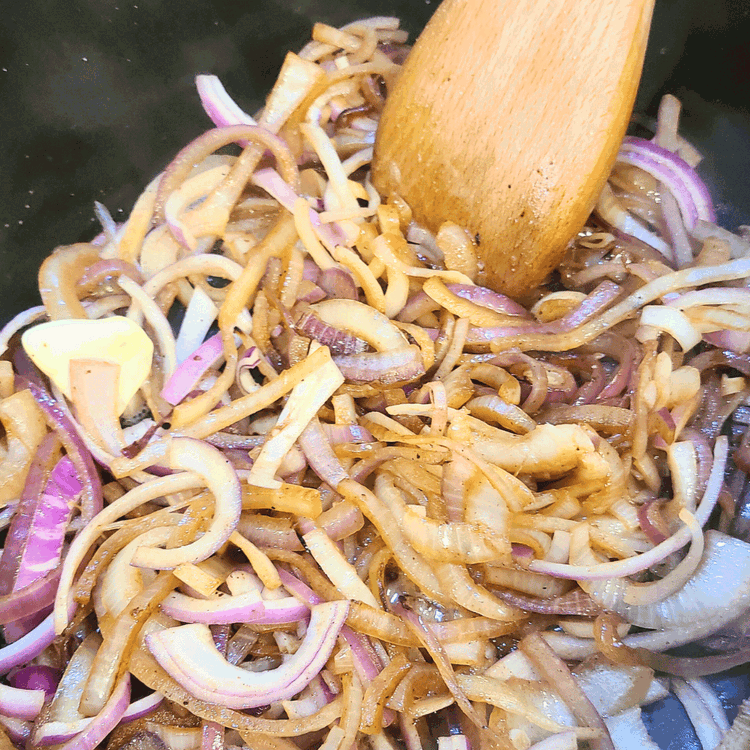 Image of Once all the ribs are browned, add sliced onions to the pot with some salt and brown them well, possibly adding more fat or oil. This step may take around 10-20 minutes. Check the garlic's readiness; if it's browned and...