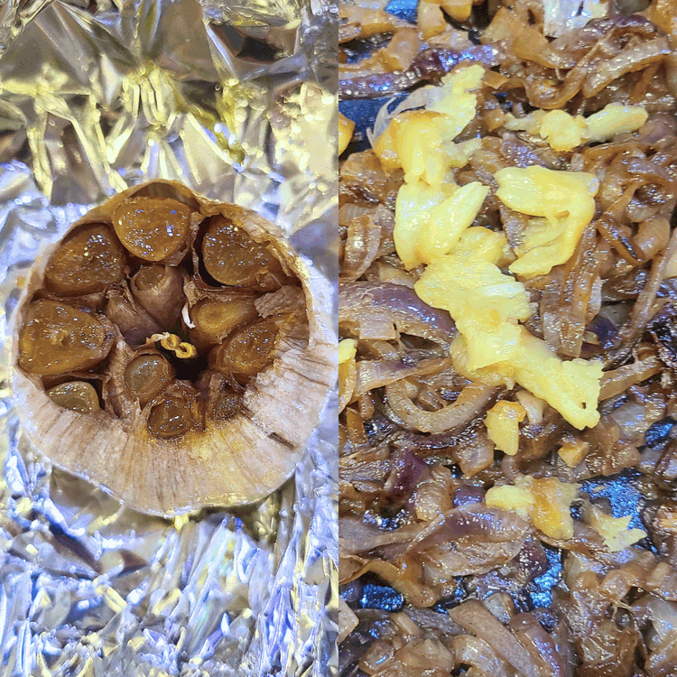 Image of When ready to incorporate the garlic, squeeze it into the pot and stir it into the onions. 