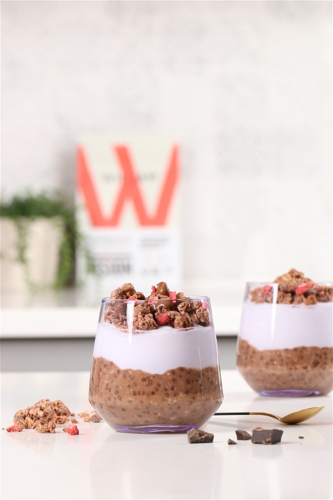 Image of Overnight Chia chocolate espresso and yogurt layered verrine topped with Granolove Gourmet Chocolate