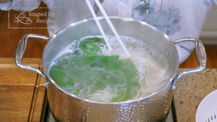 Image of Add the noodles to the boiling water and cook until al dente. The cooking time depends on the type and thickness of the noodles; please follow the instructions on the package. Mine took about 3 minutes to boil. Toss in some green...
