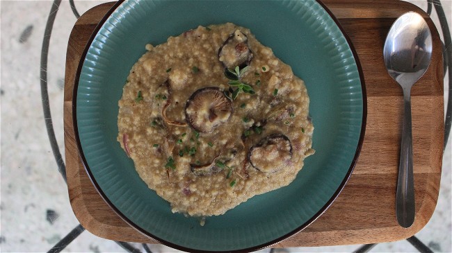 Image of Spicy Sour Trahanas with Porcini Mushrooms and Shiitake