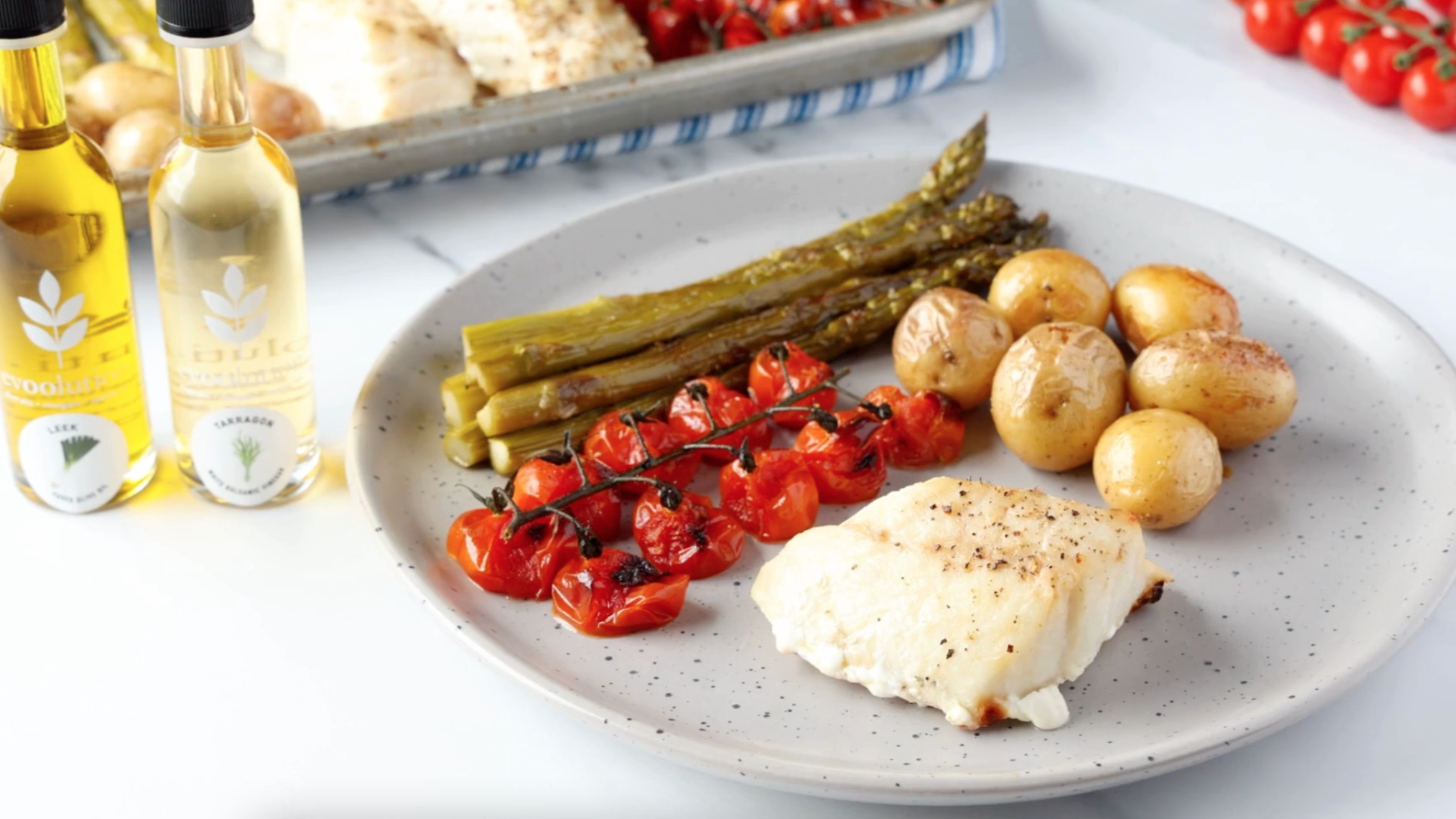 Image of Baked Cod and Veggies with Leek Olive Oil and Tarragon Balsamic