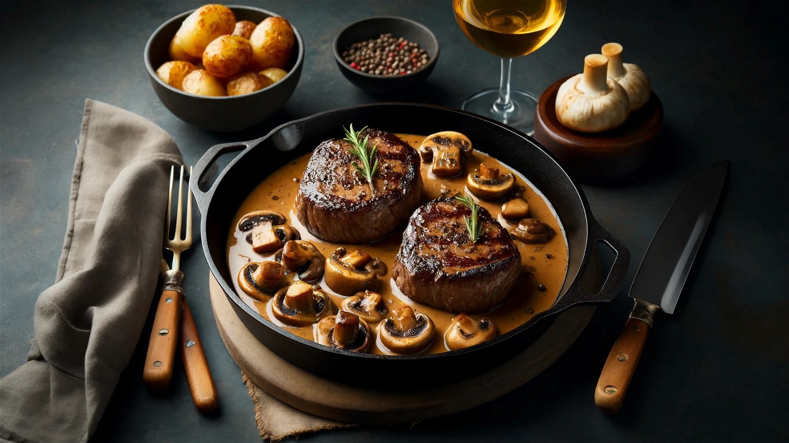 Image of Eye Fillet Mushrooms in Diane Sauce with Buttery Leek 