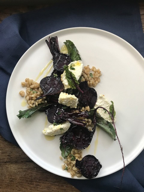 Image of saltbush roasted beetroot with pearl barley & baked ricotta