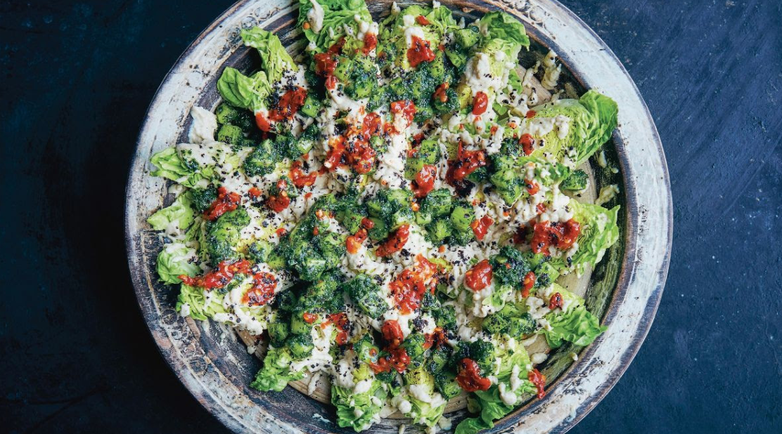 Image of Baby gem lettuce with charred eggplant yogurt, smacked cucumber, and shatta