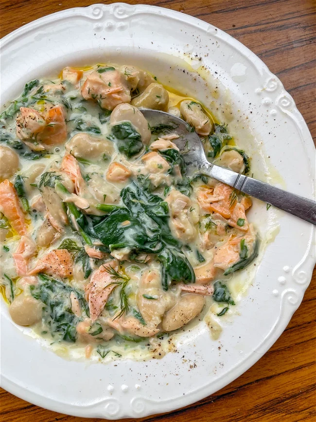 Image of Creamy Hot Smoked Salmon + Spinach Beans