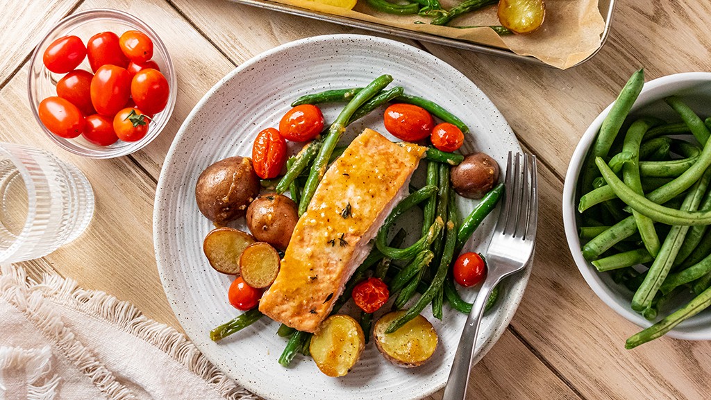 Image of Sheet Pan Tahini Salmon with Vegetables