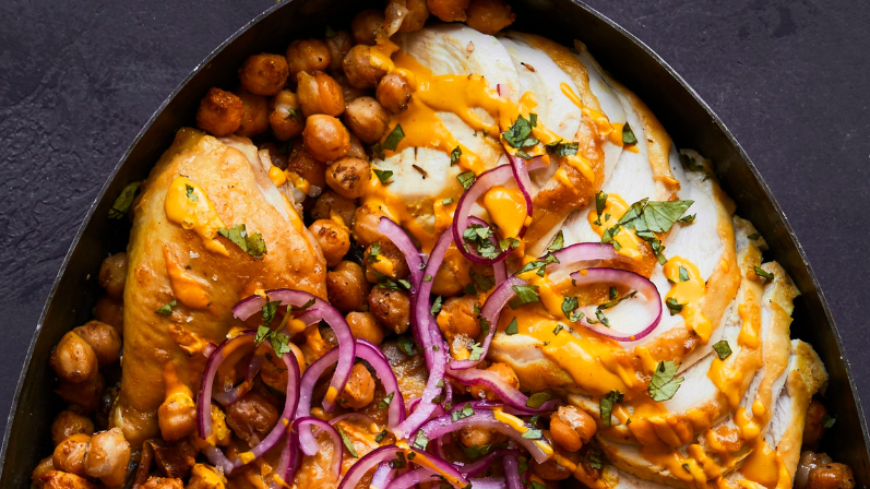 Image of Mom’s Chicken with Turmeric Tahini, Chickpeas, and Onions