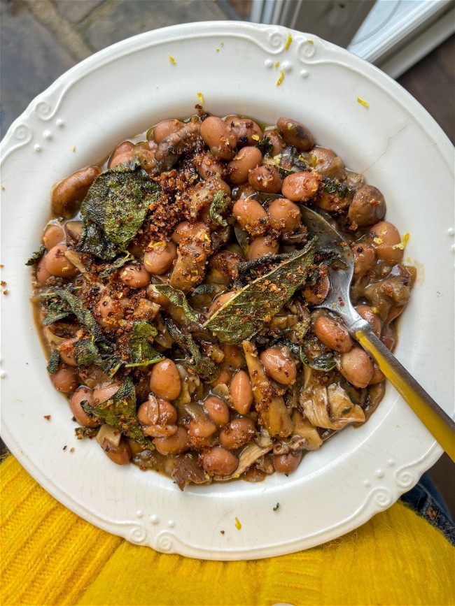Image of Porcini Mushroom Borlotti Beans with Crispy Sage Pangrattato