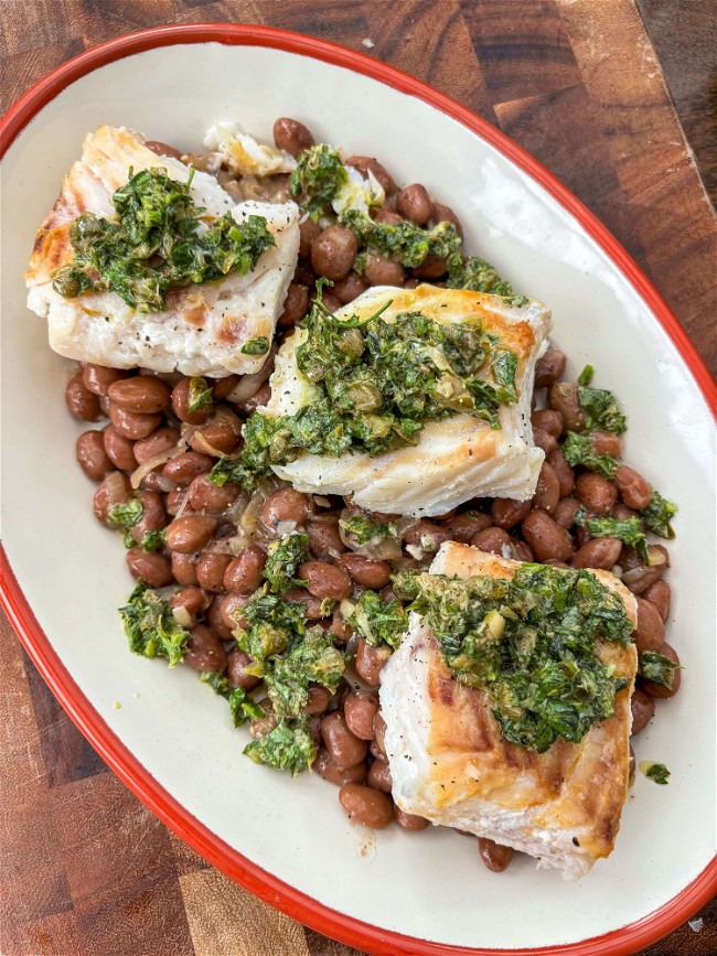 Image of Braised Borlotti Beans, Cod + Salsa Verde