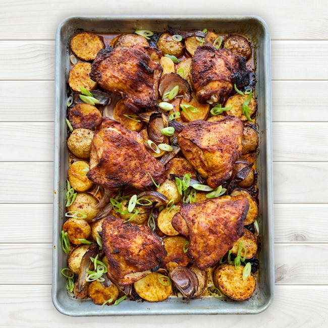 Image of BBQ Sheet Pan Chicken with Potatoes and Red Onion