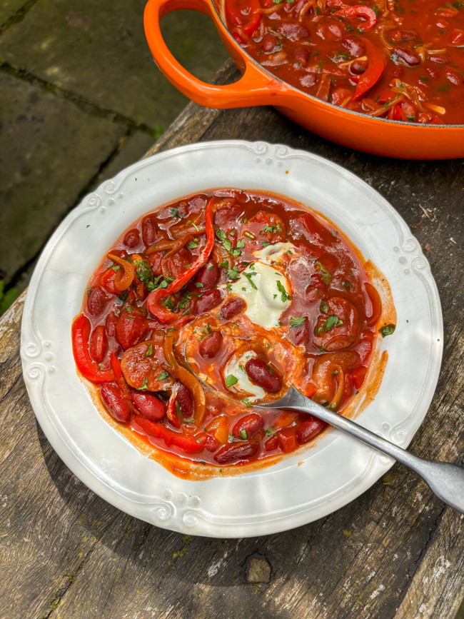 Image of Smoky Red Bean, Chorizo + Red Pepper Stew with Aioli 