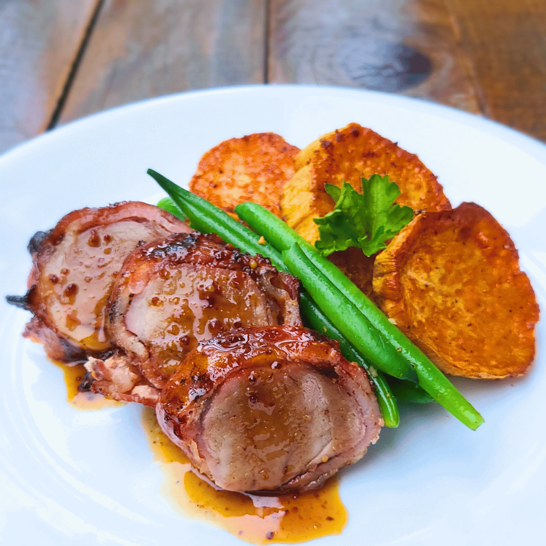 Grilled Bacon-Wrapped Boar Tenderloin with Brown Sugar Bourbon Glaze