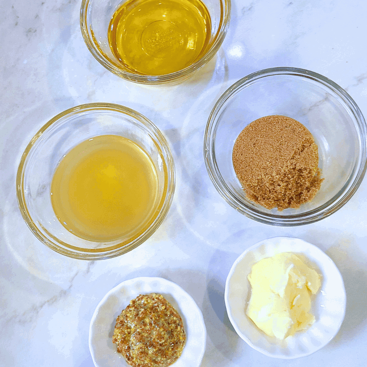 Image of Prepare the brown sugar bourbon glaze by whisking together all glaze ingredients in a small saucepan over medium heat.