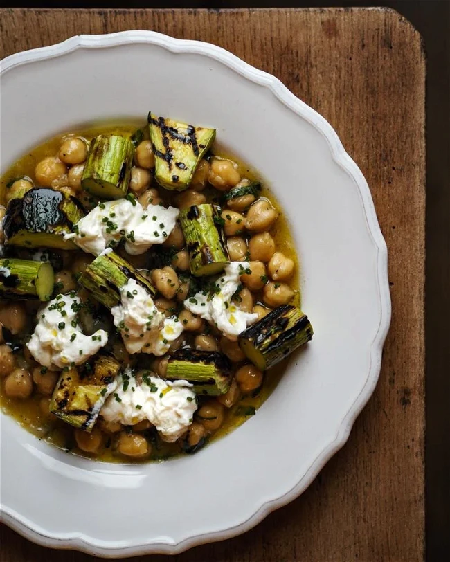 Image of Braised Chickpeas with Grilled Courgettes + Burrata