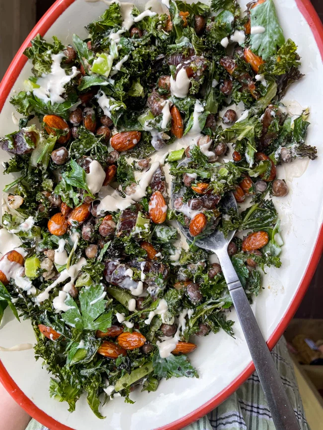 Image of Crispy Kale, Carlin Pea, Date + Tahini Salad