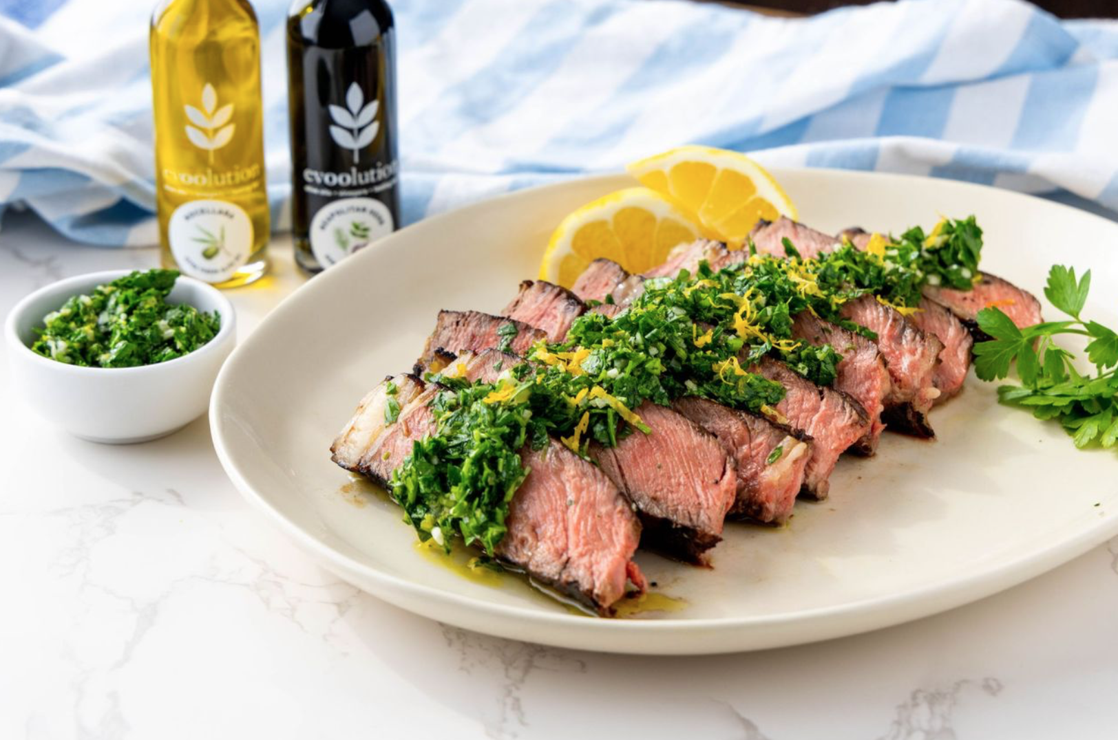 Image of Extra Virgin Olive Oil and Neapolitan Herb Balsamic Marinated Steak with Gremolata