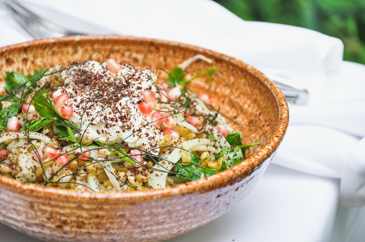 mixed grain salad with pickled fennel, pomegranate, sumac & labne