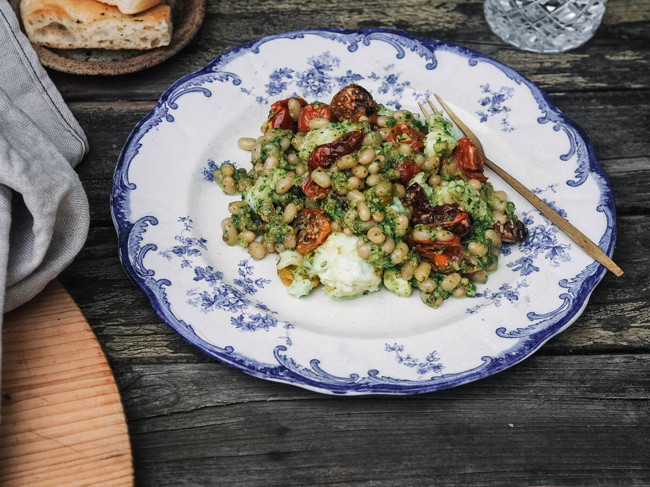 Image of haricot beans with slow-roasted tomatoes & buffalo mozzarella salad