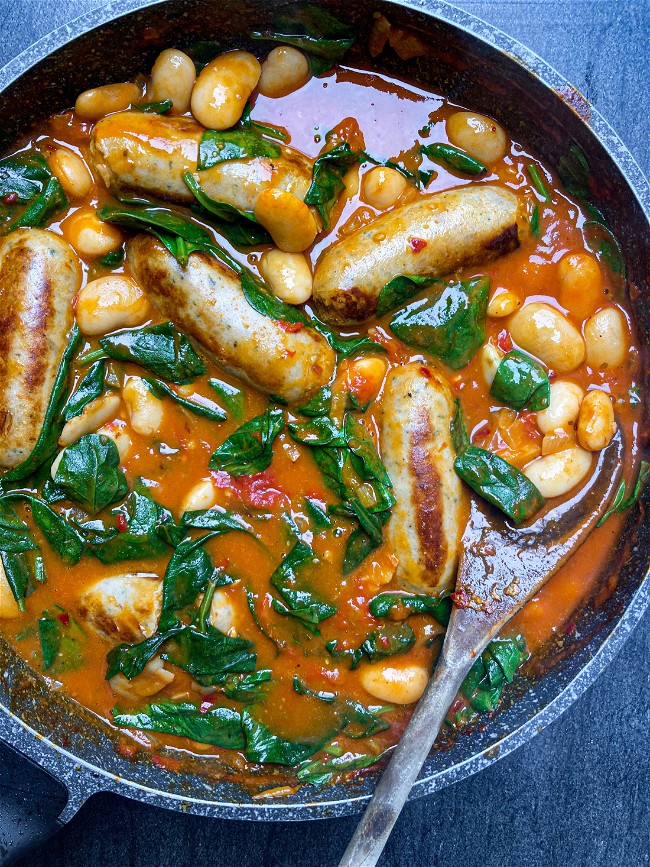 Image of One Pan Spicy Sausage + Beans