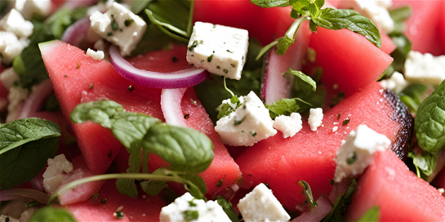 Image of Watermelon & Feta Salad with Mint and Pickled Red Onions