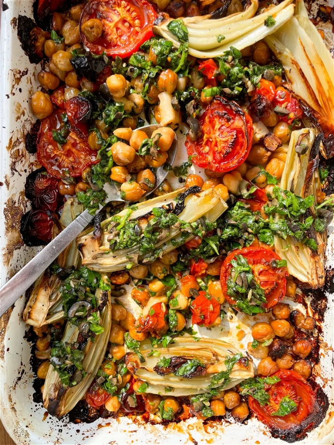 Image of Roast Fennel, Tomatoes + Chickpeas with a Herby, Black Olive Vinaigrette 