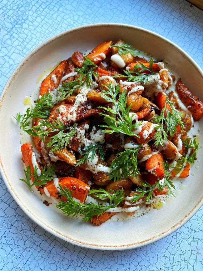 Image of Roasted Carrot, Butter Bean + Quinoa Traybake with Tahini Dressing