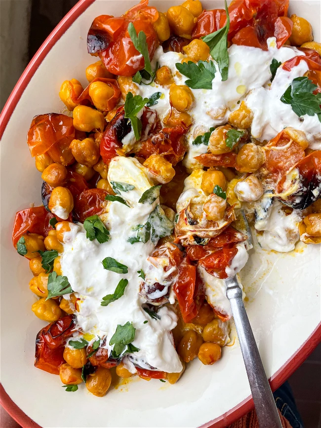 Image of Saffron Chickpeas + Blistered Tomatoes with Burrata