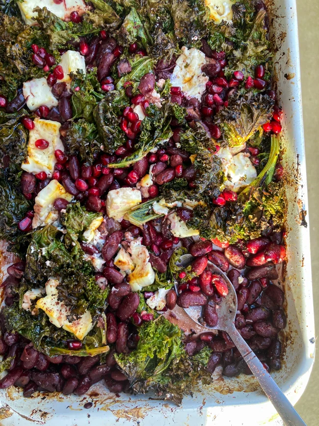 Image of Sticky Red Bean, Kale + Feta Traybake Salad