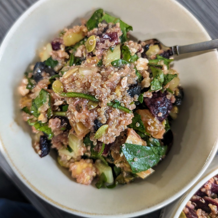 Image of Throw all ingredients into a bowl and toss together with dressing. Enjoy!!