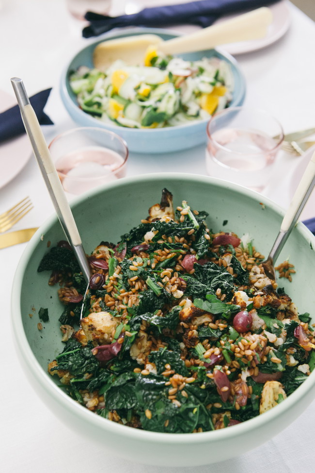 Image of mount zero pearled farro, roasted cauliflower, kale & blistered grape salad