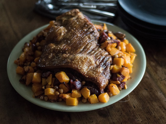 Image of slow roasted pork shoulder with roasted pumpkin & chickpeas