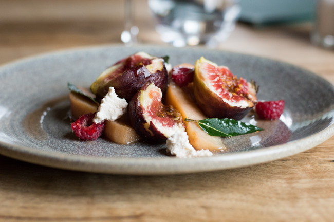 Image of verjus-poached quinces with fresh fig & honey-whipped ricotta