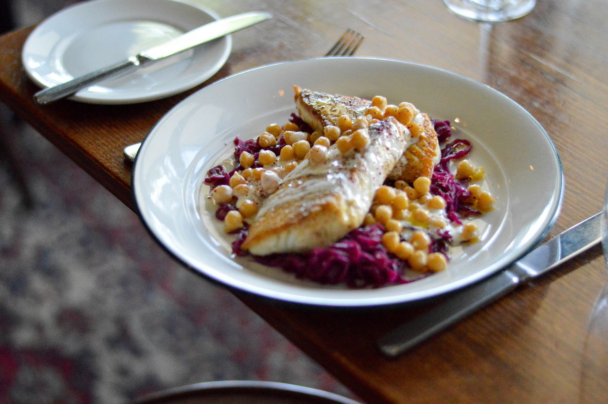 snapper with red cabbage, kabuli chickpeas & yoghurt sauce