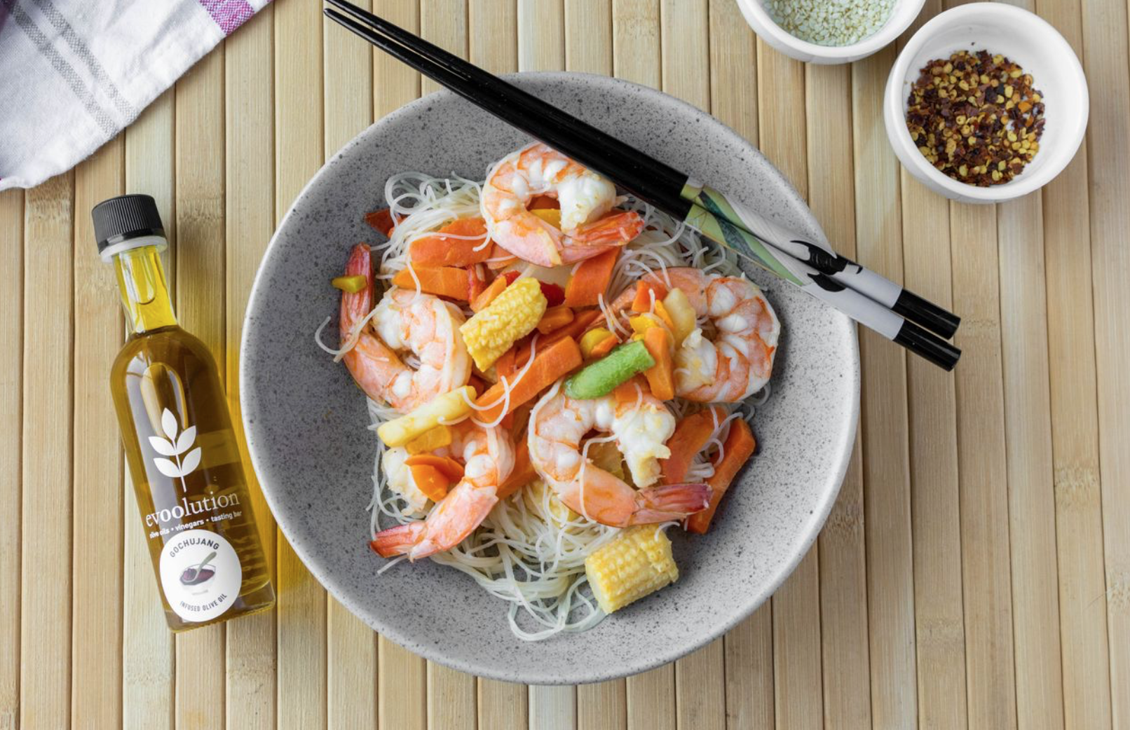 Image of Spicy Prawn Stir Fry Noodles with Gochujang Olive Oil