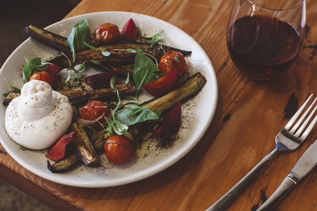 Image of roasted eggplant & cherry tomatoes with burrata