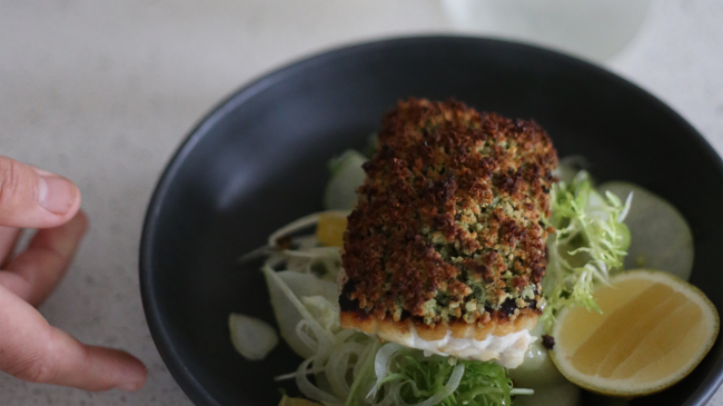 Image of macadamia & quinoa-crusted barramundi with fennel, apple & citrus salad