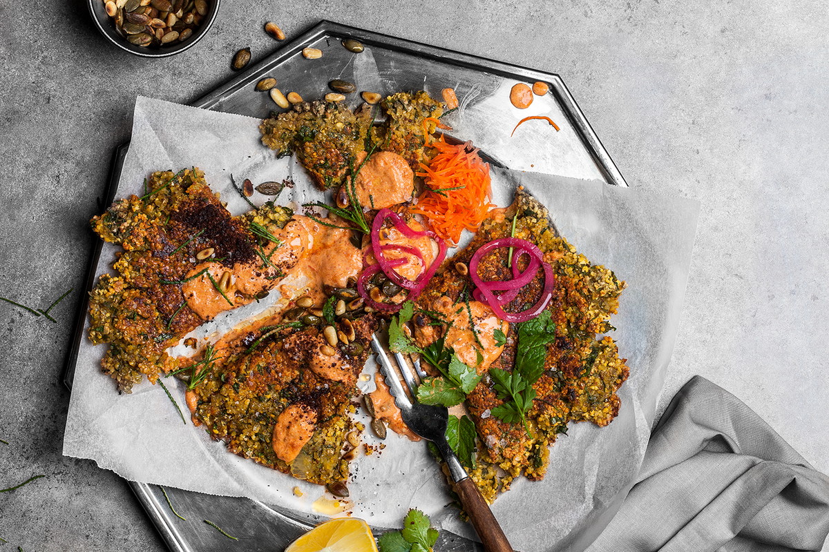 sandwich pressed falafel with harissa yogurt
